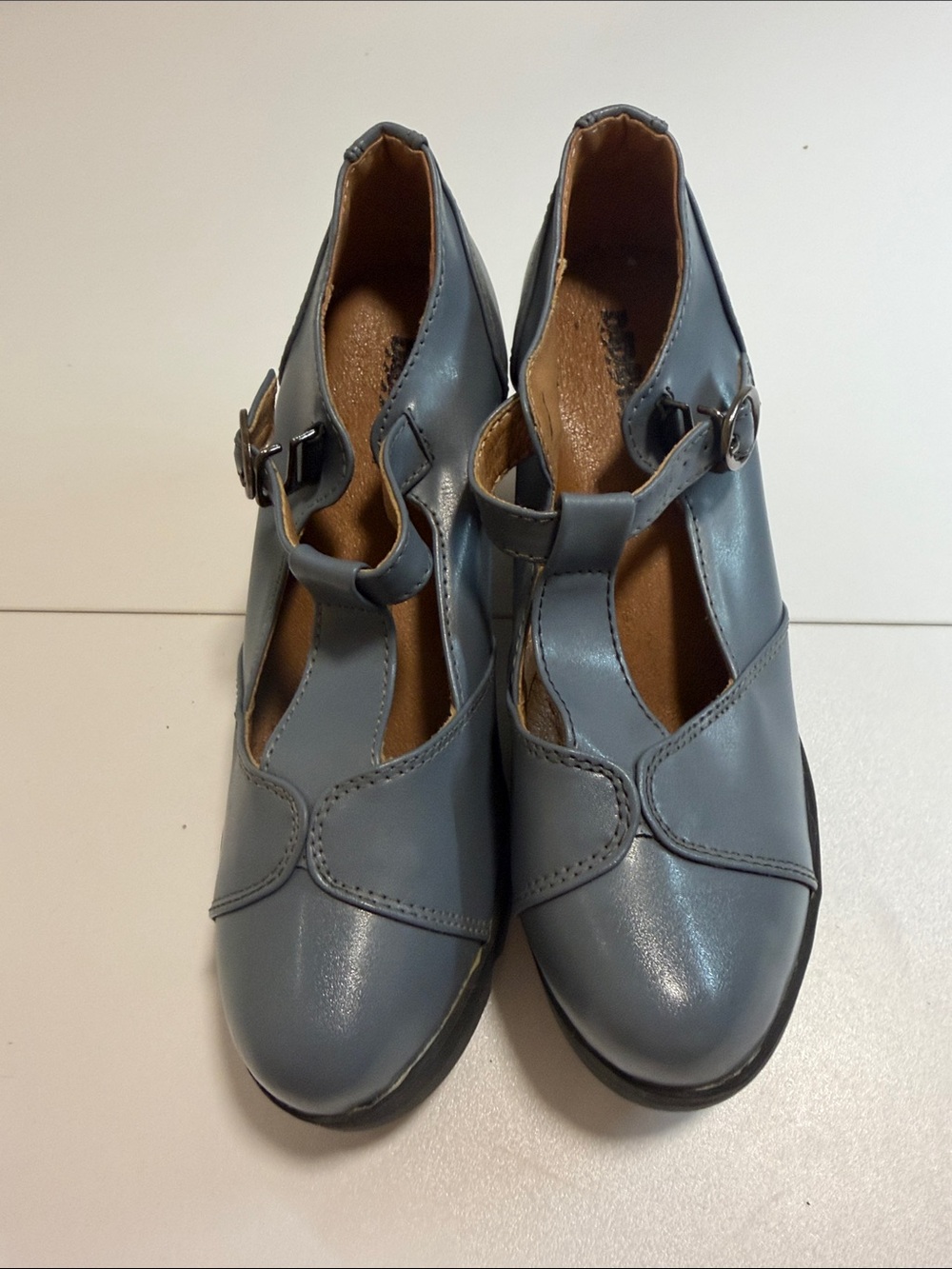 Women's Blue T-Strap Block Heel Pumps